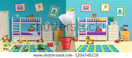 Messy children room with furniture and interior objects before and after cleaning flat vector illustration