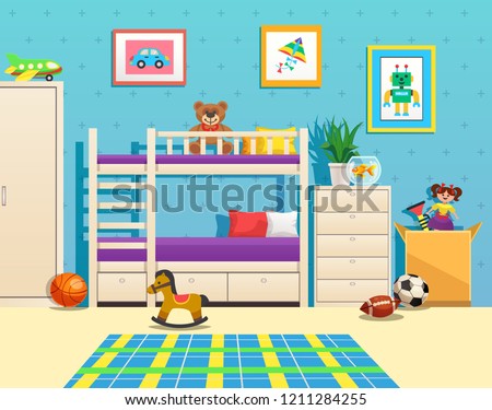 Tidy children room interior with bunk bed pictures on wall aquarium with fish and toys vector illustration