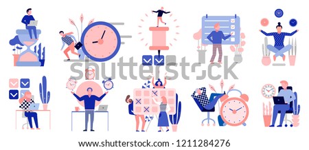 Effective time management symbols flat elements set with tasks planning training activities schedule checkpoints isolated vector illustration