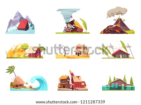 Natural disasters set of nine isolated images with outdoor compositions of living houses under different conditions vector illustration