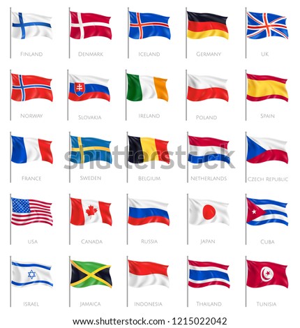 Twenty five isolated waving national flags on white background with inscription of countries names realistic vector illustration