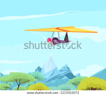 Skydiving extreme sport flat poster with free style hang gliding above oriental trees and mountains vector illustration