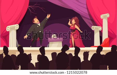 Opera theater scene flat cartoon poster with 2 singers aria onstage performance and audience silhouettes vector illustration