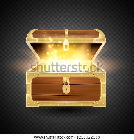 Shine in old wooden chest realistic composition on transparent background with vintage coffer and sparkling particles vector illustration