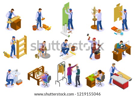 Craftsman isometric icons set with hand loom weaver carpenter sculptor tailor potter at work isolated vector illustration
