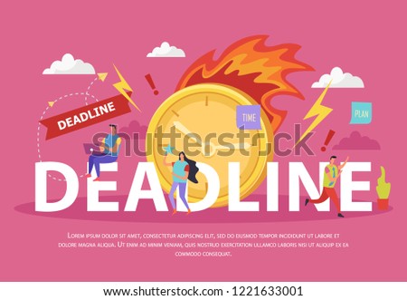 Deadline flat composition with human characters burning clock lightnings and exclamation marks on pink background vector illustration