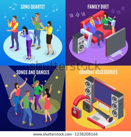 Karaoke isometric 2x2 design concept with icons of stars spotlights and images of people at ktv party vector illustration