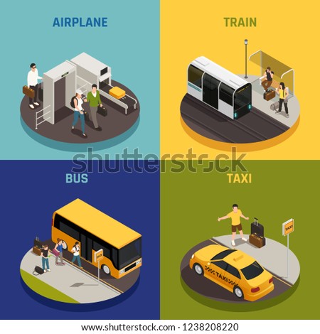 People with luggage during travel on airplane train bus and taxi isometric design concept isolated vector illustration