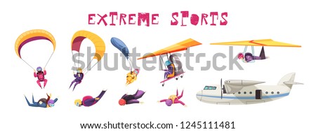 Skydiving extreme sport elements flat icons collection with parachute jump free fall airplane glider isolated vector illustration