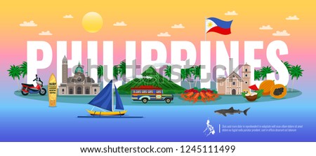 Philippines typographic composition with traditional food various landmarks and animals on gradient background horizontal vector illustration