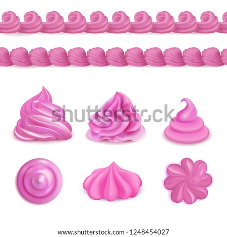 Whipped pink cream dessert decorations top side views realistic set with seamless border and swirls vector illustration