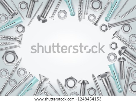 Decorative frame from realistic metal fasteners screws bolts nuts and nails on gray white background vector illustration