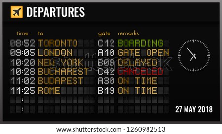 Similar – Foto Bild Flugplan im Flughafenterminal, einige Flüge haben Verspätung, Reisen um die Welt mit dem Flugzeug, Zeitplan mit Gate und Check-in Nummer