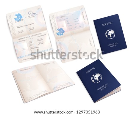 Biometric international passport mockups in open and close forms realistic set isolated vector illustration