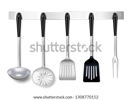 Kitchen tools utensils metal hanging rack closeup realistic image with ladle spatula skimmer cooking fork vector illustration Foto stock © 