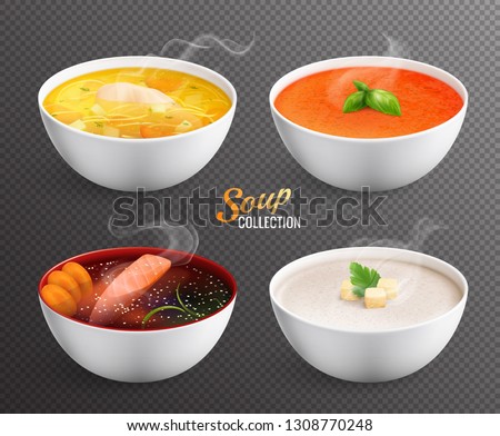 Collection of four bowls with hot soup and soup puree with greenery rusks and decorations isolated vector illustration