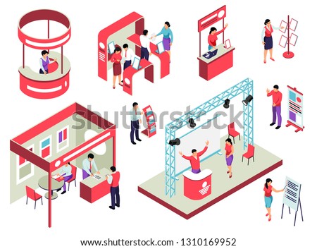 Trade exhibition isometric set with staff and visitors exposition equipment and promotional handouts isolated vector illustration