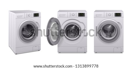 Washing machine realistic icon set three product of household appliances in different position vector illustration