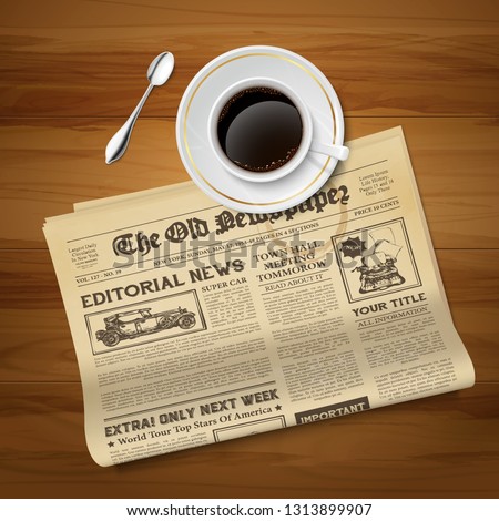 Old morning newspaper with cup of black coffee classic ritual realistic top view vintage image vector illustration 