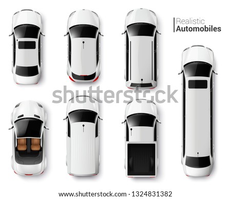 White cars top view realistic set isolated vector illustration