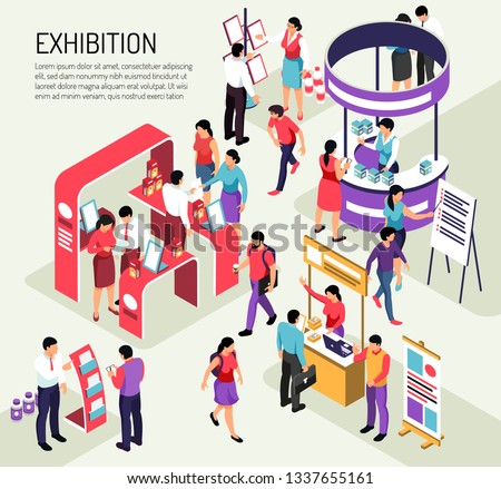 Isometric expo exhibition composition background with editable text description and colourful exhibit stands crowded with people vector illustration