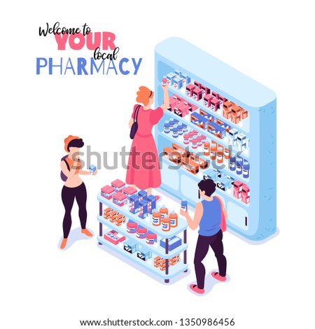 Customers buying medicine in pharmacy 3d isometric vector illustration