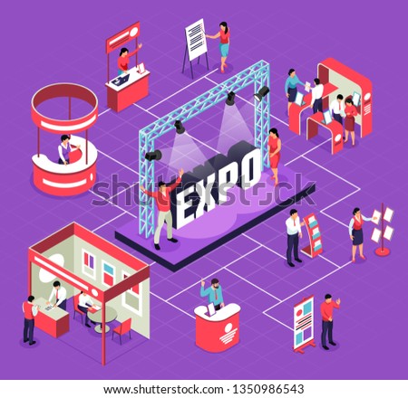 Isometric expo flowchart composition with isolated images of exhibit booths stands people and stage for performance vector illustration