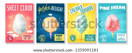 Set of four isolated realistic candy sugar cotton posters with colourful compositions of images and text vector illustration