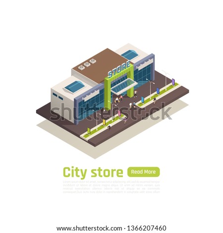 Store mall shopping center isometric composition with city store headline and green read more button vector illustration