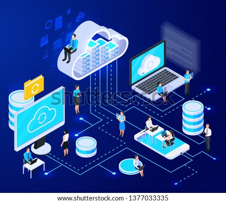 Cloud services isometric composition with big icons of cloud computing infrastructure elements connected with dashed lines vector illustration