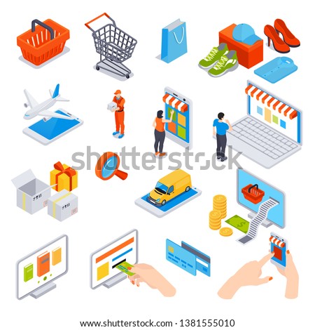 Online shopping isometric set of credit cards gadgets using for order and payment delivery transportation vector illustration