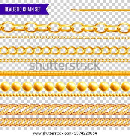 Set of isolated realistic chain transparent colourful images with golden jewelry various patterns and different shapes vector illustration
