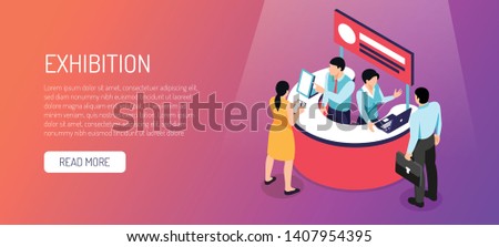 Isometric expo horizontal banner with read more button text and image of information booth with people vector illustration