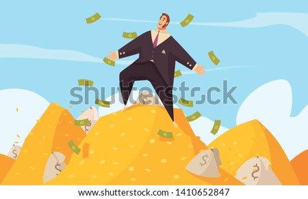 Rich man flat cartoon poster with fat businessman amidst flying dollars on gold mount top vector illustration 