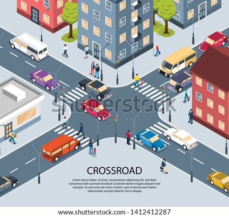 City town four way intersection crossroad isometric view poster with traffic lights pedestrian zebra crossing vector illustration 