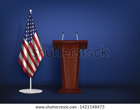 Wooden tribune rostrum with 2 microphones and american flag on stand realistic closeup composition isolated vector illustration 