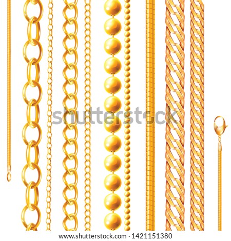 Realistic chain set of isolated golden jewelry chains of various shapes and shades on blank background vector illustration
