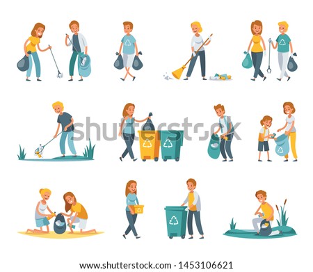 Garbage collection sorting recycling flat set with people picking up litter rubbish outdoor cleaning nature vector illustration