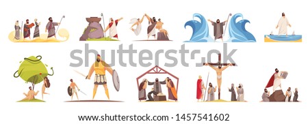 Bible narratives set of isolated doodle compositions with legendary characters and iconographic scenes on blank background vector illustration