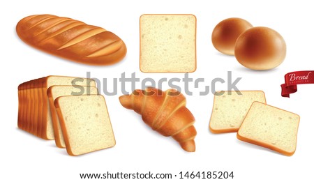 Set with isolated bread realistic images of wheat products with croissants and toast bread with ribbon vector illustration