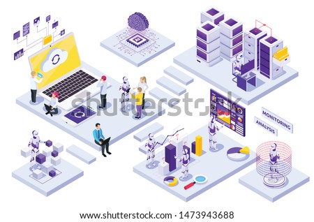 Robotic automation isometric composition with people working with robots on white background 3d vector illustration