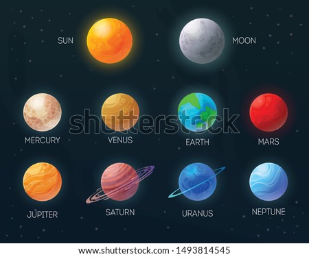 Sun moon mercury venus earth mars jupiter saturn uranus neptun colorful planets set black background vector illustration 