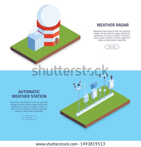 Set of two isometric meteorological center horizontal banner with images of radars editable text and buttons vector illustration