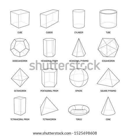 Basic stereometry shapes line set of cuboid octahedron pyramid prism cube cone cylinder torus isolated vector illustration