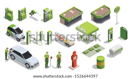 Set with isolated gas station isometric icons of gas filling columns outdoor buildings cars and people vector illustration