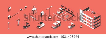 Parking zone elements and different cars isometric icons set 3d isolated vector illustration