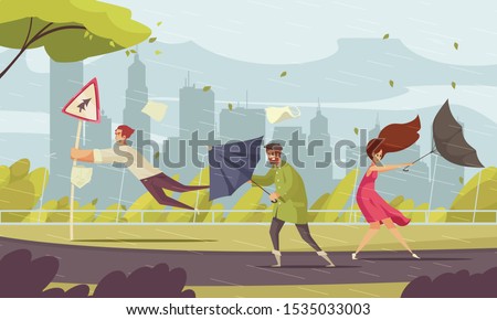 Bad weather in city funny flat composition with people blown off their feet by storm vector illustration 