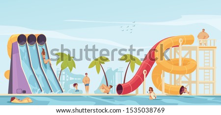 Aqua park leisure center attractions two color tube and tall fast steep water slides flat funny vector illustration 