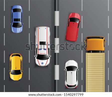 Cars top view realistic composition with traffic lanes barrier and colourful cars with ambulance and truck vector illustration