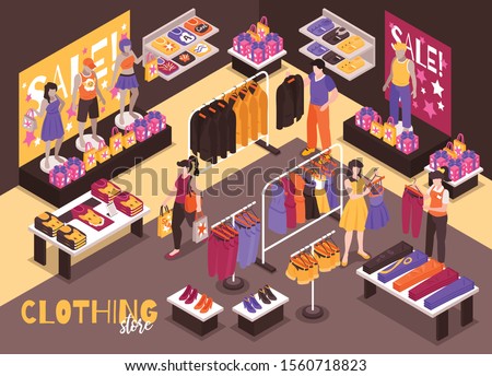 Clothing department store interior isometric composition with customers shopping assistant helps choosing fitting stylish garments vector illustration 